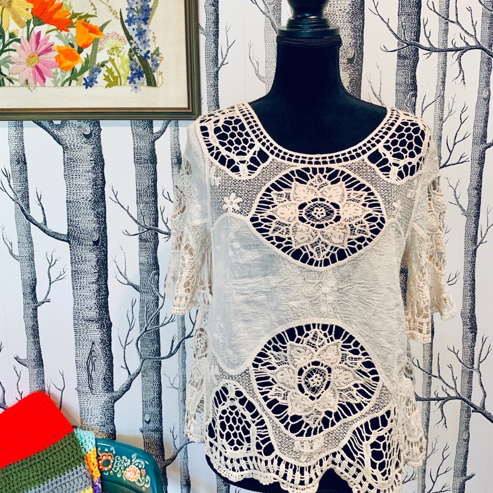 Boho Crochet Embroidery Lace Cream Cottage Minimalist Summer Peasant Top